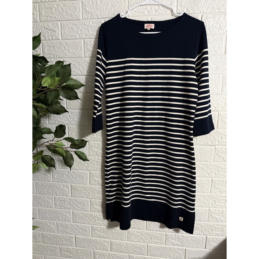 Armor Lux Striped Dress Navy Blue Cotton Boat Neck 3/4 Sleeve Size 2 US Medium
